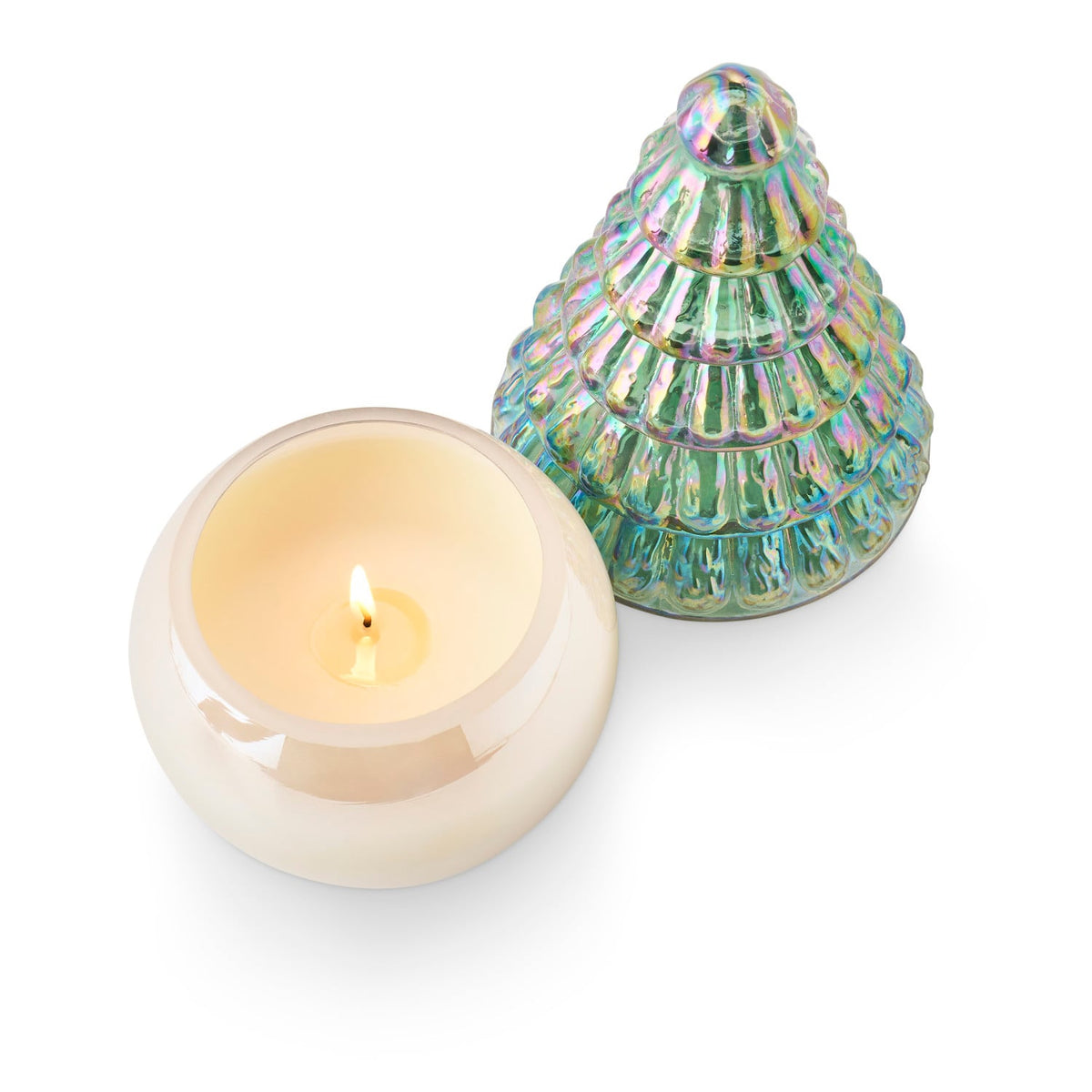 Fresh Balsam Pearl Tree Candle, A pearly white glass candle jar is topped with an iridescent green glass lid shaped like a tiered Christmas tree.