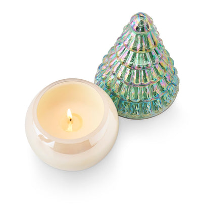 Fresh Balsam Pearl Tree Candle, A pearly white glass candle jar is topped with an iridescent green glass lid shaped like a tiered Christmas tree.