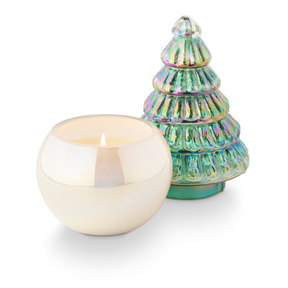 Fresh Balsam Pearl Tree Candle, A pearly white glass candle jar is topped with an iridescent green glass lid shaped like a tiered Christmas tree.