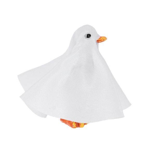 Ghoose-tly Greetings Goose Pocket Charm, A goose figurine draped in a white ghost sheet with an orange bill and orange feet.
