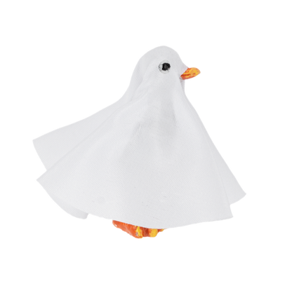 Ghoose-tly Greetings Goose Pocket Charm, A goose figurine draped in a white ghost sheet with an orange bill and orange feet.