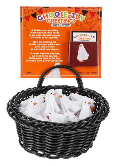 Ghoose-tly Greetings Goose Pocket Charm, A goose figurine draped in a white ghost sheet with an orange bill and orange feet.