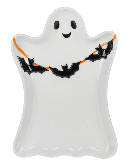 Ghost with Bats Trinket Dish, A white ceramic ghost-shaped trinket dish with a smiling face and a garland of black bats on an orange line.