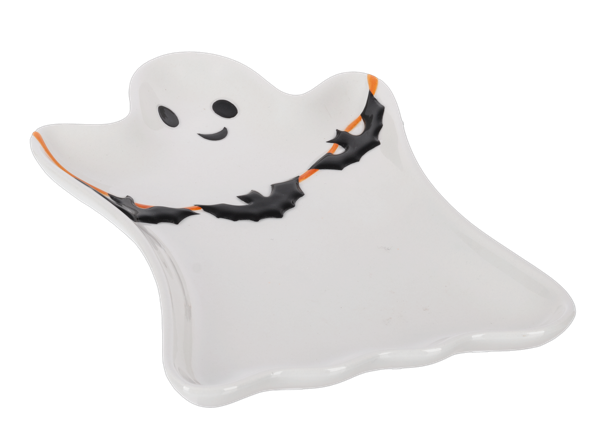 Ghost with Bats Trinket Dish, A white ceramic ghost-shaped trinket dish with a smiling face and a garland of black bats on an orange line.