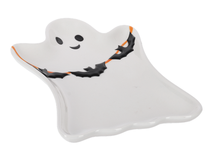 Ghost with Bats Trinket Dish, A white ceramic ghost-shaped trinket dish with a smiling face and a garland of black bats on an orange line.