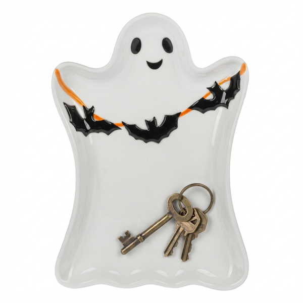 Ghost with Bats Trinket Dish, A white ceramic ghost-shaped trinket dish with a smiling face and a garland of black bats on an orange line.