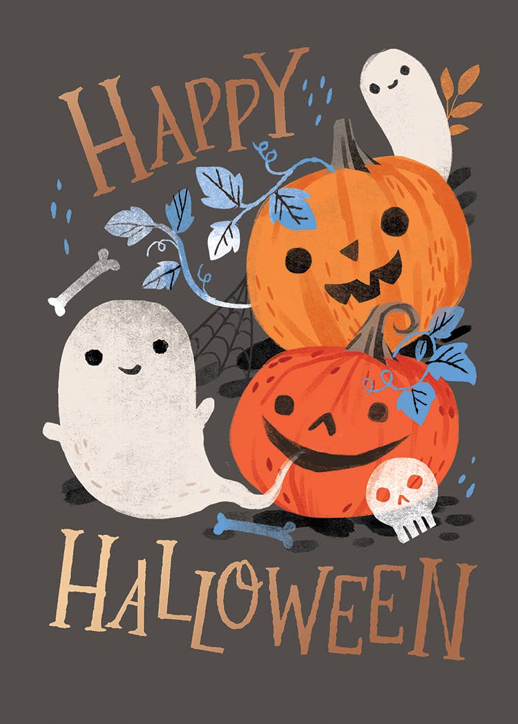 Ghostly Jack-O'-Lanterns Greeting Card, Front of a Halloween card on a dark taupe background with two stacked smiling jack-o'-lanterns, two friendly ghosts, a skull, bones and blue vines, with HAPPY and HALLOWEEN in copper lettering.