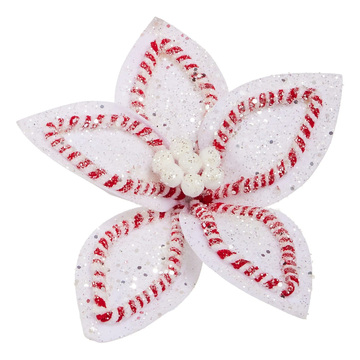 10.5" Gingerbread and Peppermint Clip-On Poinsettia Ornament, White