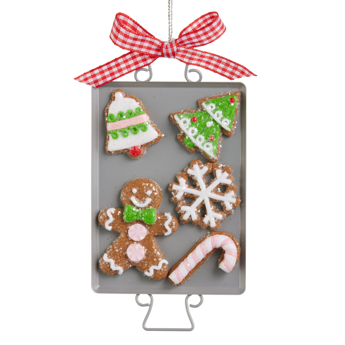 Gingerbread Cookie Baking Sheet Ornament, A gray metal baking sheet ornament holding five iced gingerbread cookies, a bell, tree, snowflake, gingerbread man and candy cane, with a red gingham bow at the top.