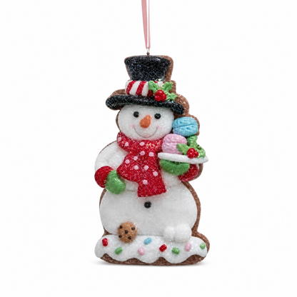 Gingerbread Snowman Cookie Ornament, Top Hat design: a black top hat, holding a plate of iced cookies