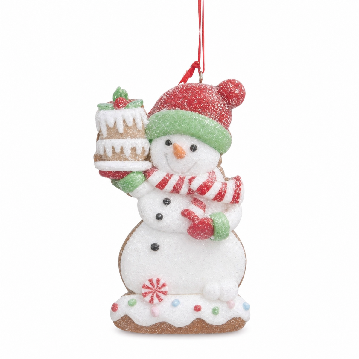 Gingerbread Snowman Cookie Ornament, Knit Hat design: a red knit hat, holding a stack of iced cakes