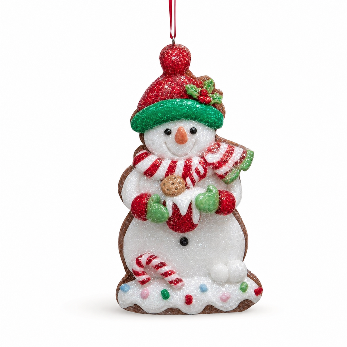 Gingerbread Snowman Cookie Ornament, Holly Hat design: holly in his hat, holding a chocolate chip cookie