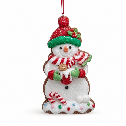 Gingerbread Snowman Cookie Ornament, Holly Hat design: holly in his hat, holding a chocolate chip cookie