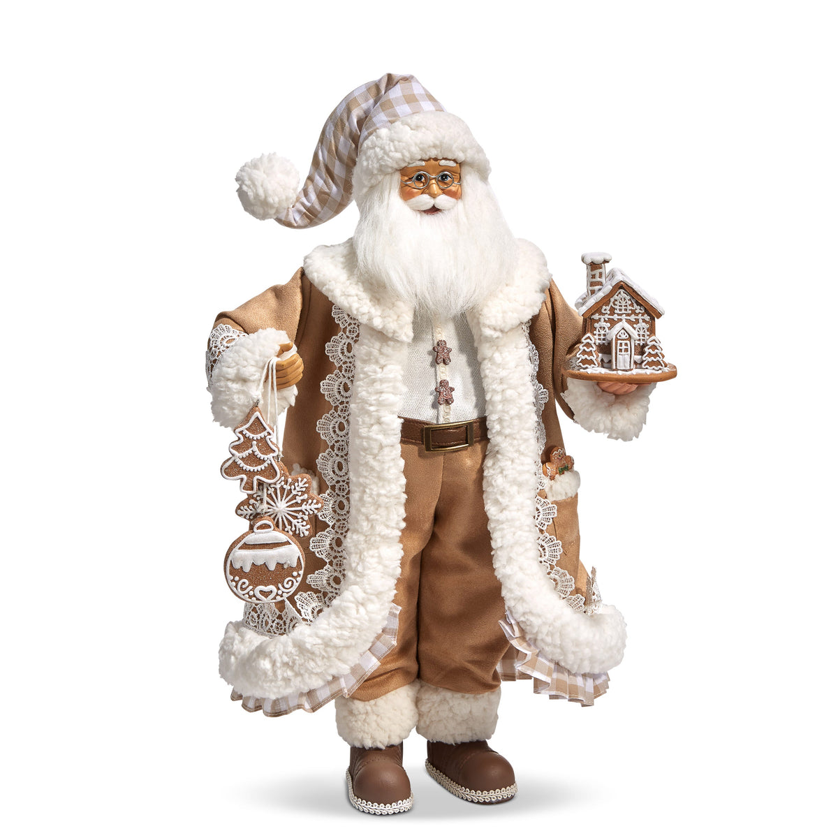 Gingham Gingerbread Santa Figure, A standing Santa figure in a tan coat with cream sherpa and lace trim and a tan gingham hat, holding a gingerbread house on one hand and gingerbread cookie shapes in the other.
