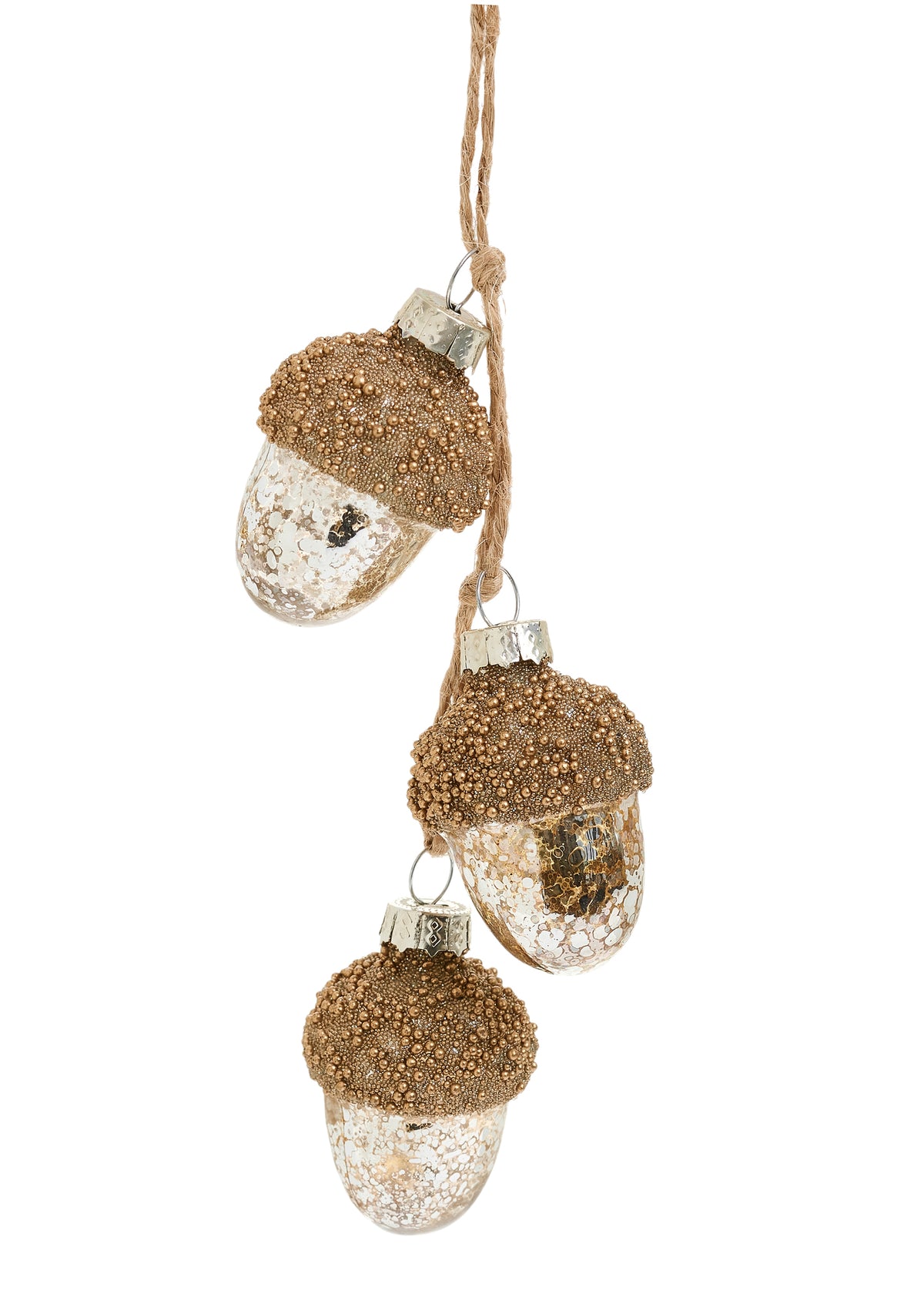 Glass Acorn Cluster Ornament, Three silver mercury-glass acorns with gold glittered caps hang at staggered heights from a jute cord.