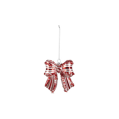 Glass Candy Striped Bow Ornament with Beads, Red and White, A glass bow ornament striped in red and white hangs by a silver cord, its ribbon ends and center knot trimmed with white and red beads and sequins.