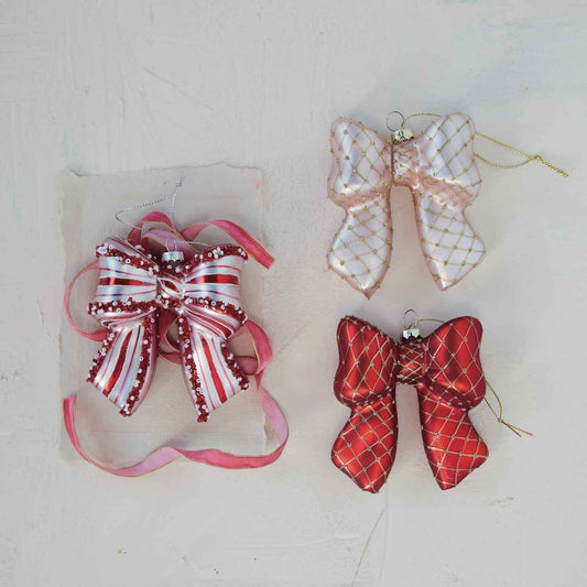 Glass Candy Striped Bow Ornament with Beads, Red and White