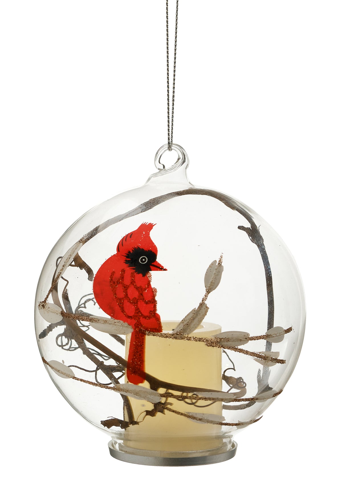 Glass Cardinal Globe Ornament with LED Light, A red cardinal perched on a glittered branch sits inside a clear glass globe ornament with a lit LED pillar glowing at its base.