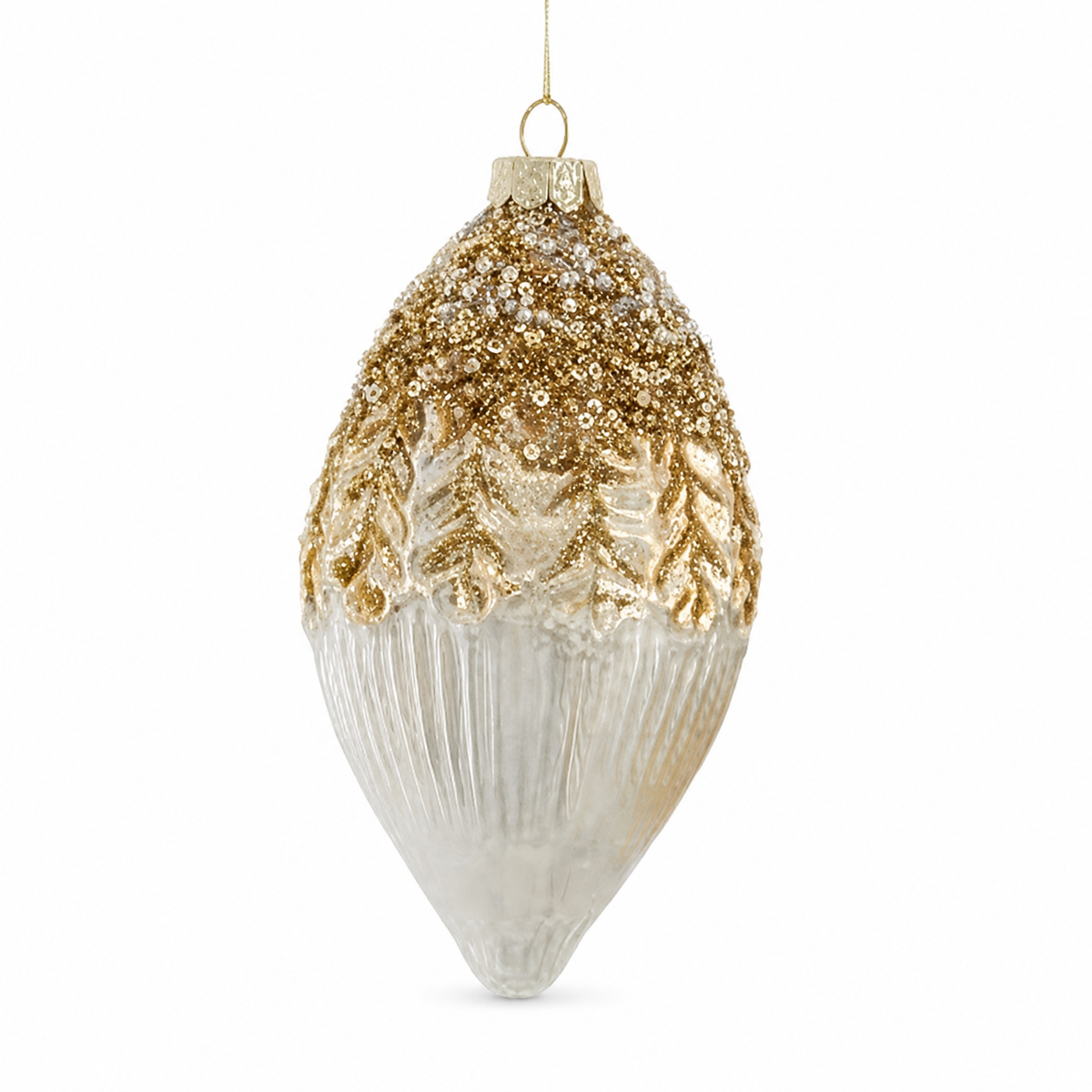 Gold and White Ribbed Glass Christmas Ornament, Drop design: long and tapered, the leaves reaching halfway down before the ribbing takes over