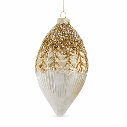Gold and White Ribbed Glass Christmas Ornament, Drop design: long and tapered, the leaves reaching halfway down before the ribbing takes over