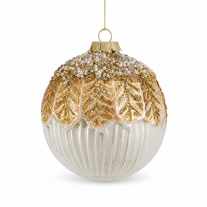 Gold and White Ribbed Glass Christmas Ornament, Ball design: round and full, gold leaves spread across its upper half