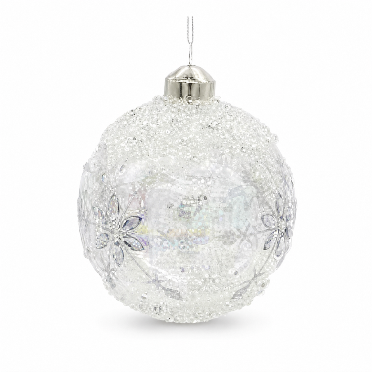 Iridescent Snowflake Glass Christmas Ornament, Ball design: round and full, with the snowflakes ringing its widest point