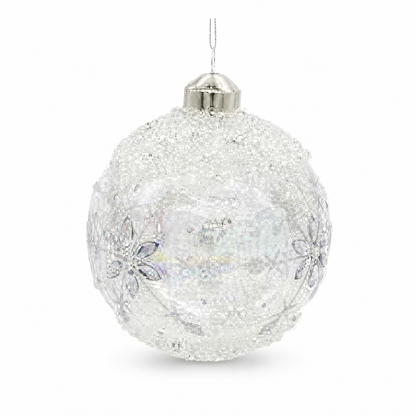 Iridescent Snowflake Glass Christmas Ornament, Ball design: round and full, with the snowflakes ringing its widest point