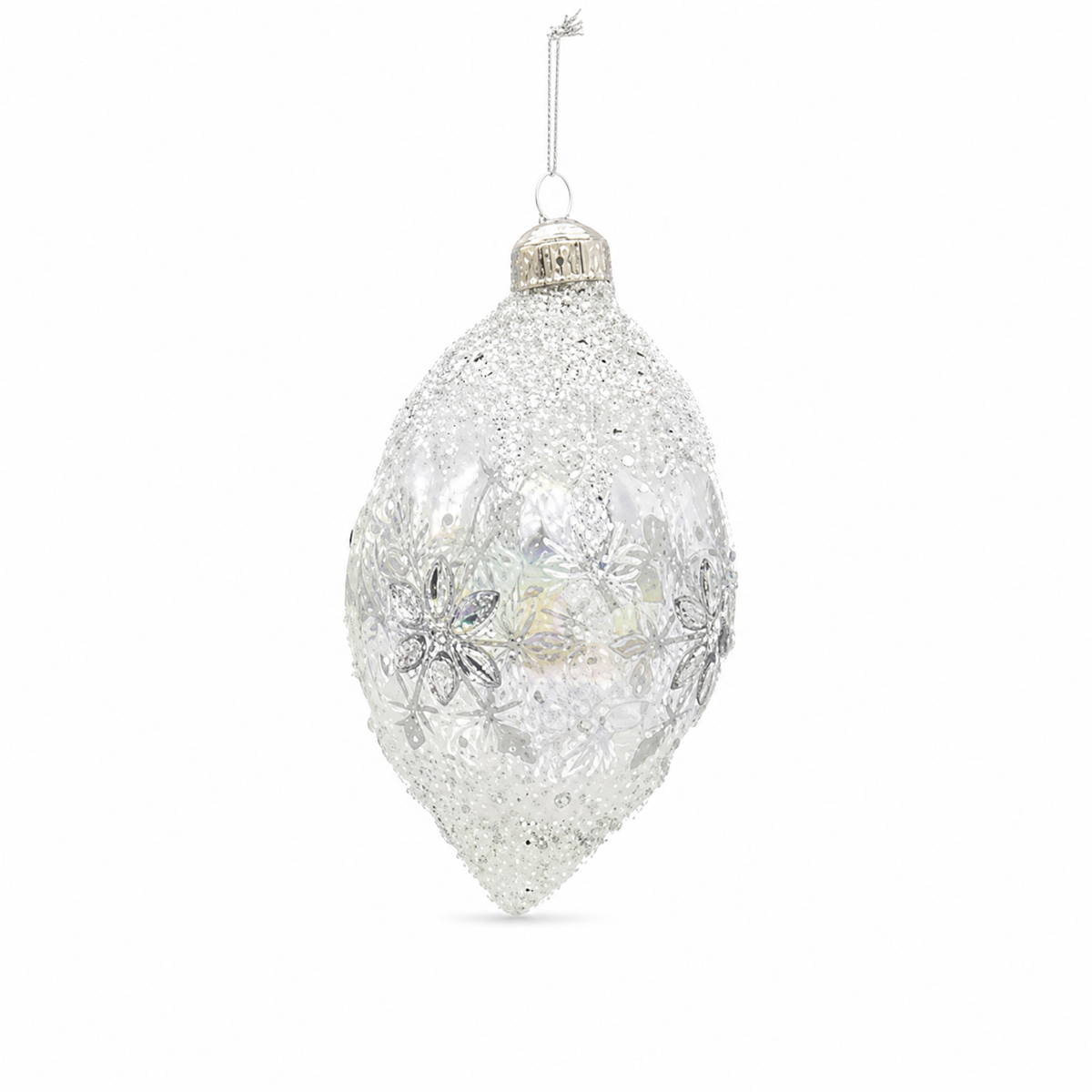 Iridescent Snowflake Glass Christmas Ornament, Drop design: a slimmer shape that tapers to a point, frosted at the crown and the tip