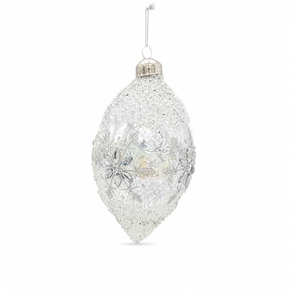 Iridescent Snowflake Glass Christmas Ornament, Drop design: a slimmer shape that tapers to a point, frosted at the crown and the tip