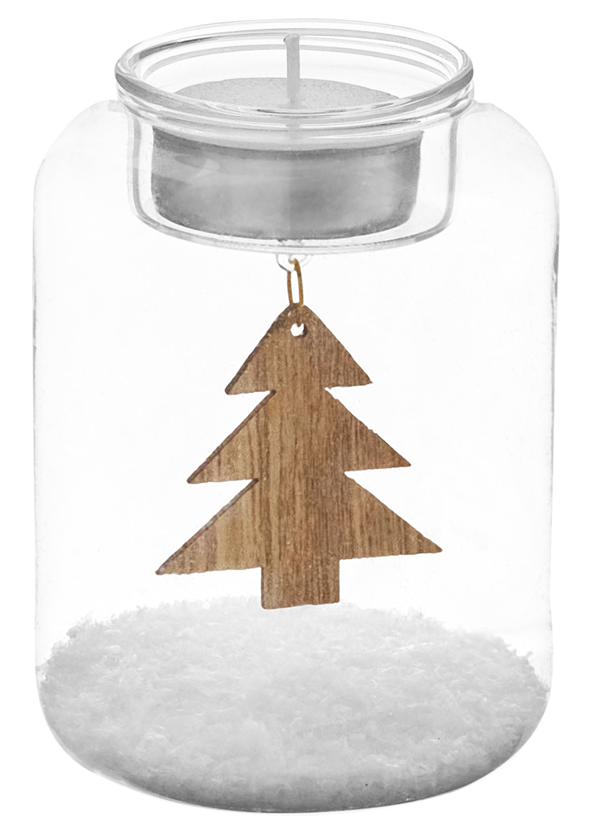 Glass Tealight Holder with Tree, A clear glass jar with a tealight cup at its mouth, a natural wood tree cutout hanging inside, and white faux snow at the base.