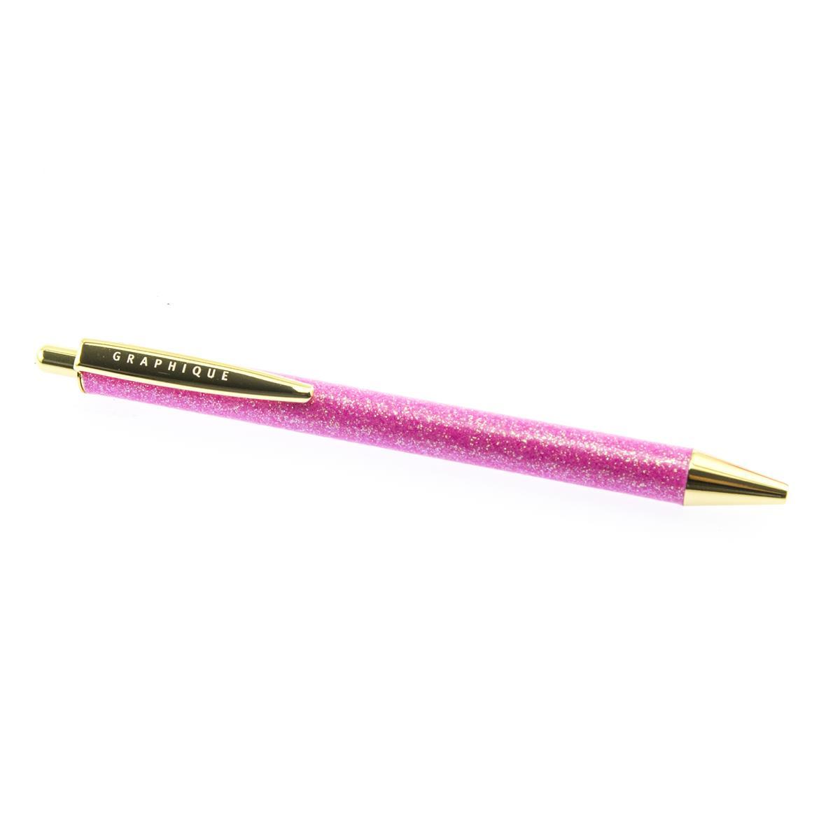 Glitter All the Way Deluxe Pen, A pink glitter click pen with a gold metal clip, tip, and click top.