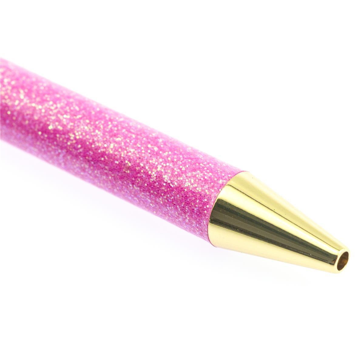 Glitter All the Way Deluxe Pen, A pink glitter click pen with a gold metal clip, tip, and click top.