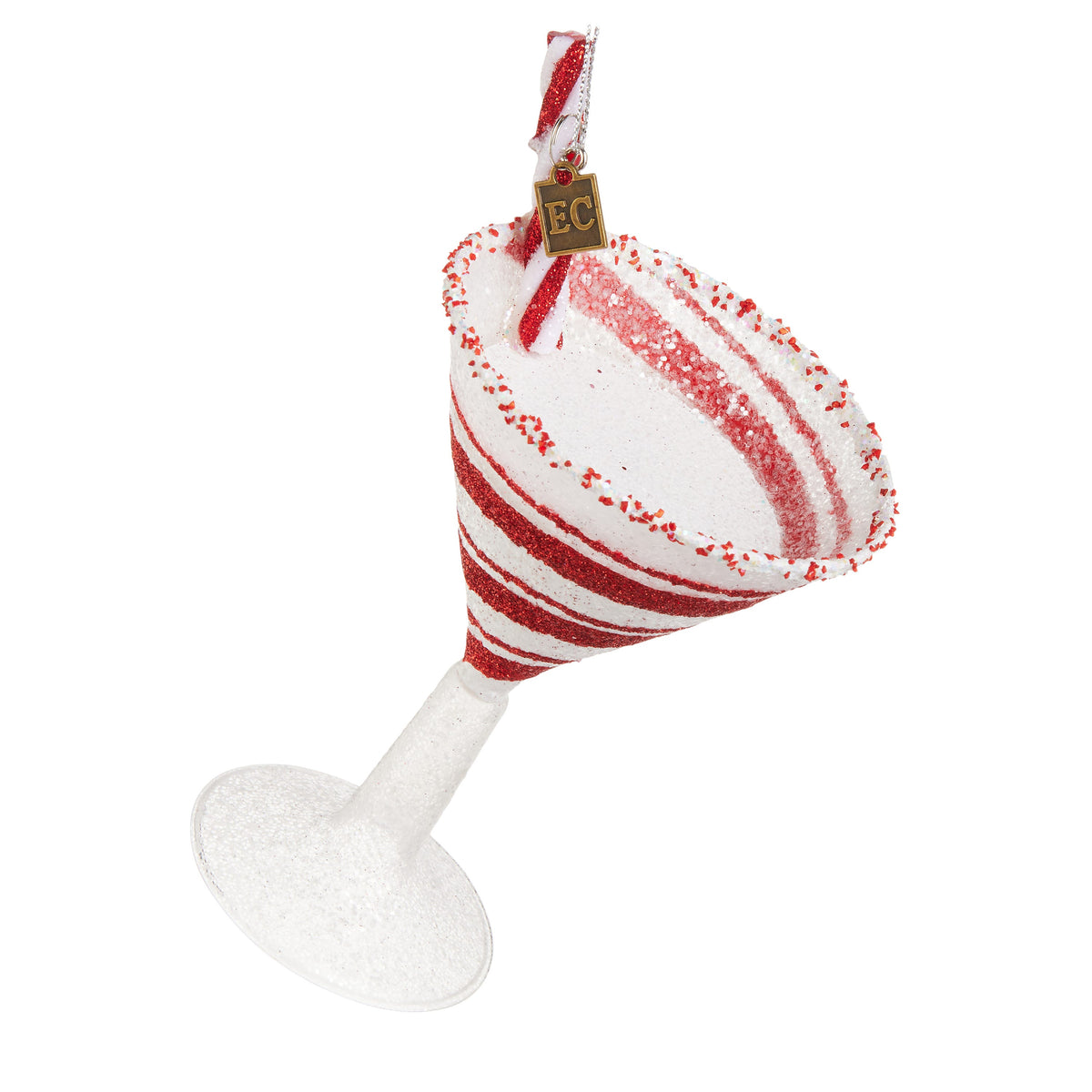 Glitter Pop Peppermint Christmas Cocktail Ornament, A white and red glitter ornament shaped like a martini glass with peppermint stripe swirls and a small EC artist tag on the hanger.
