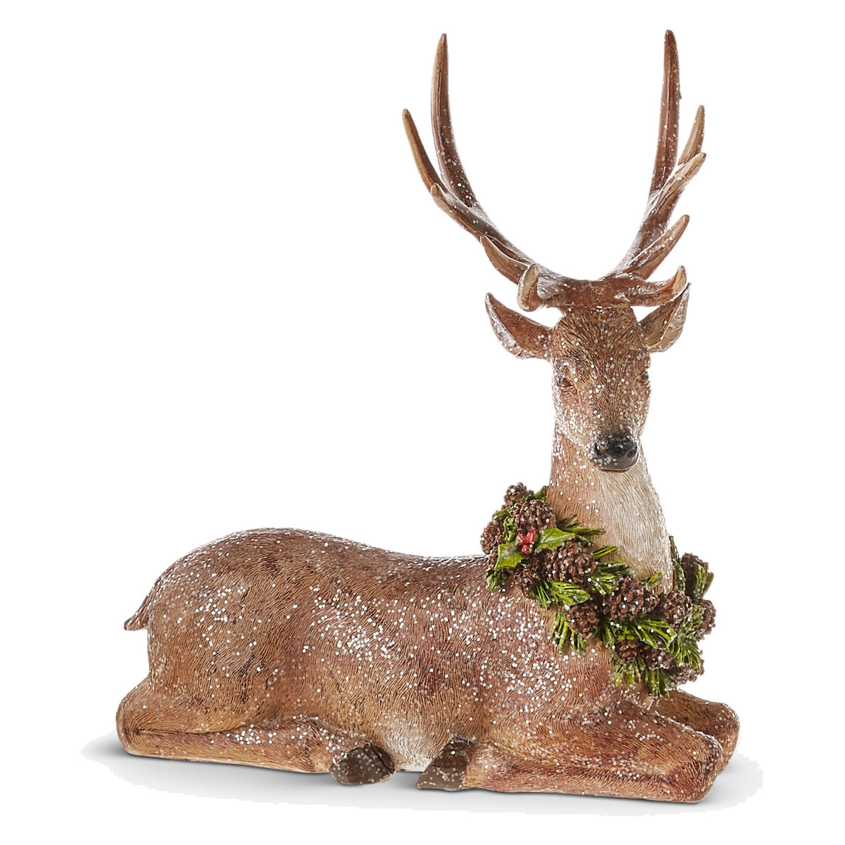 16" Glittered Deer with Wreath, Lying Deer