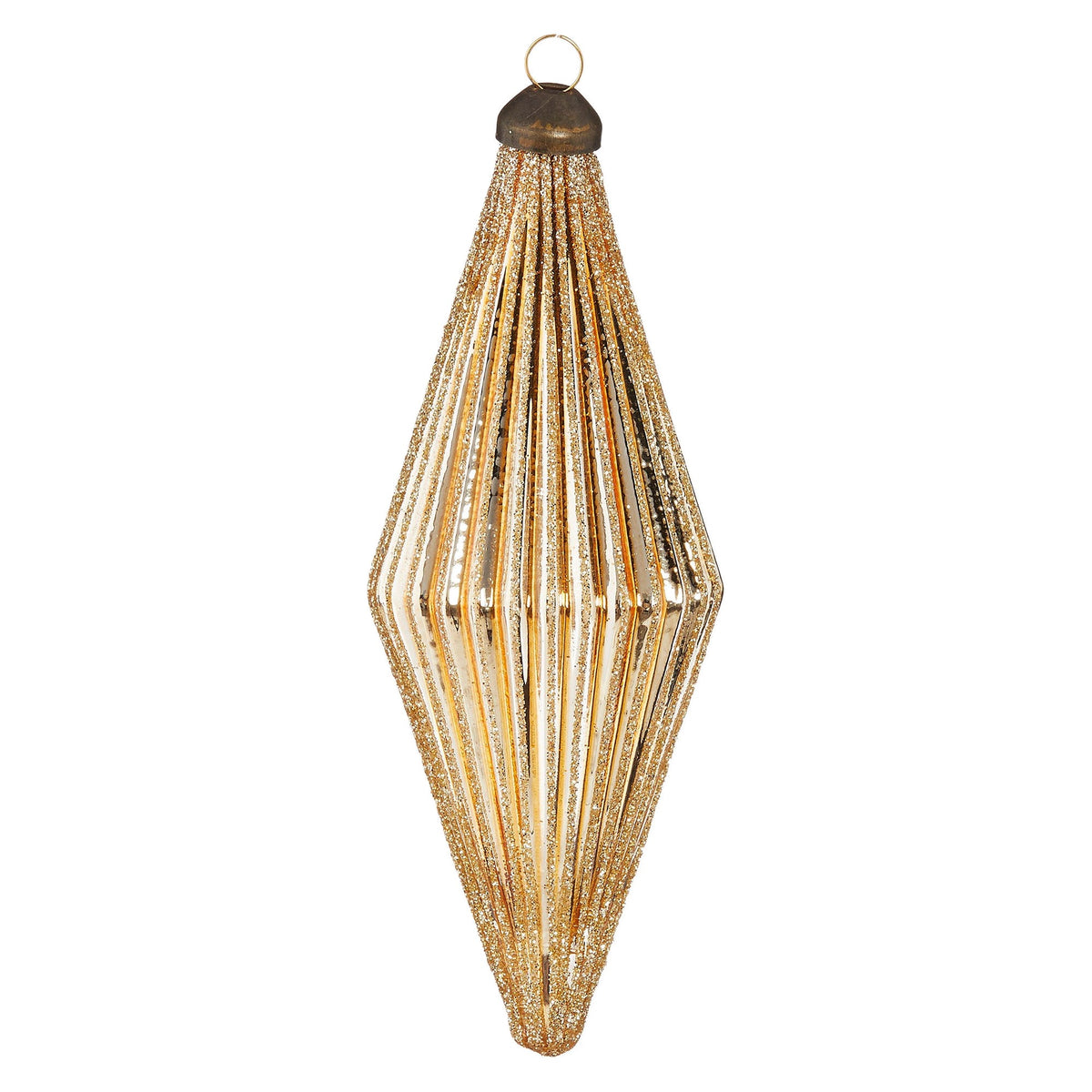 5.5" Glittered Diamond Ribbed Ornament, Amber Gold