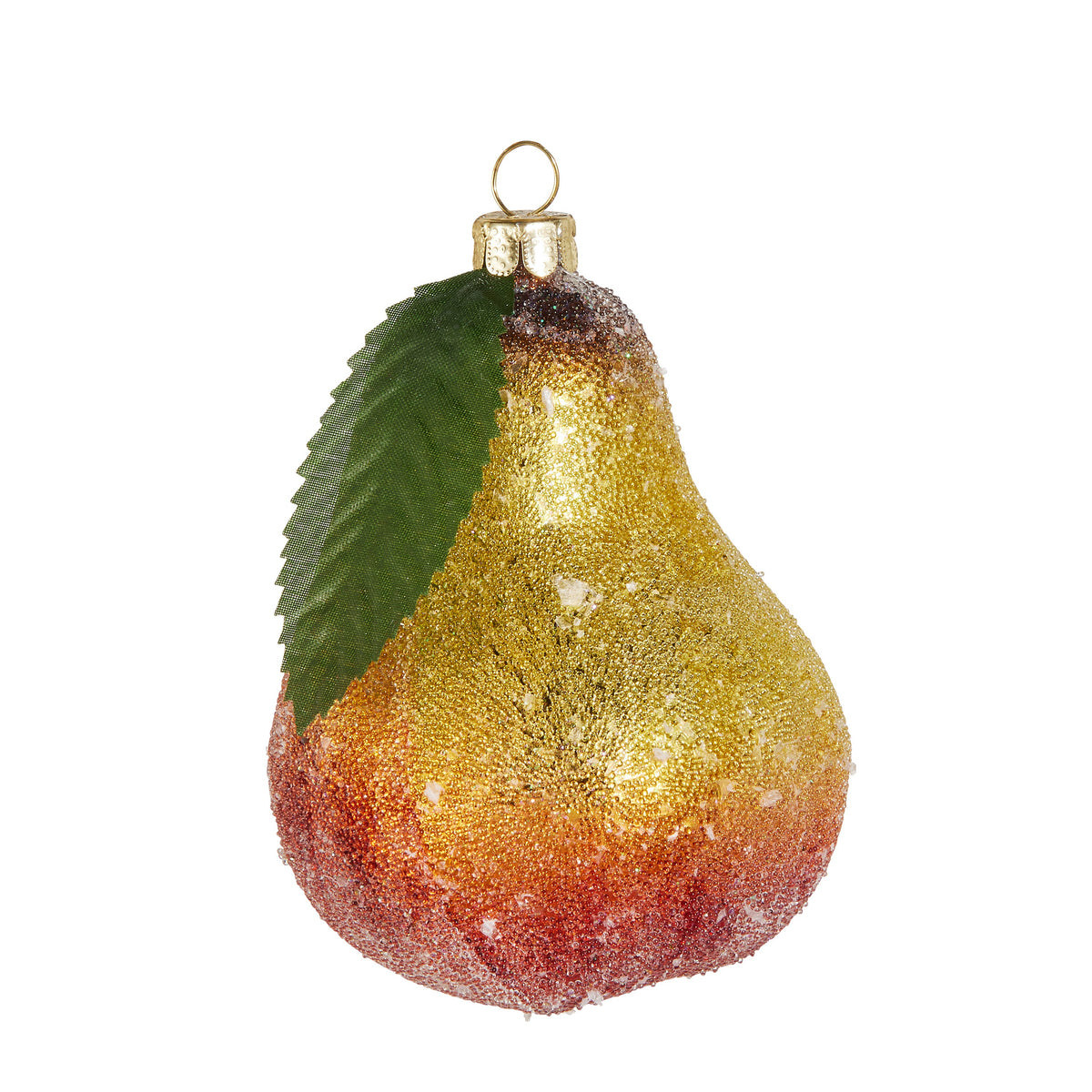 Glittered Pear Ornament, A glass pear ornament with a gold to red glitter gradient and a small green leaf at the stem.