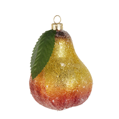 Glittered Pear Ornament, A glass pear ornament with a gold to red glitter gradient and a small green leaf at the stem.