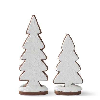 Glittered Resin Gingerbread Cookie Tree, Two gingerbread cookie trees in different heights, each with a brown edge, white glittered icing in a scroll pattern and a snowy oval base.
