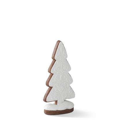 Glittered Resin Gingerbread Cookie Tree, Two gingerbread cookie trees in different heights, each with a brown edge, white glittered icing in a scroll pattern and a snowy oval base.