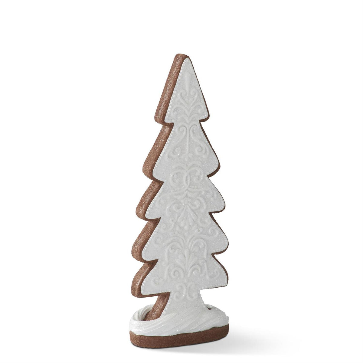 Glittered Resin Gingerbread Cookie Tree, Two gingerbread cookie trees in different heights, each with a brown edge, white glittered icing in a scroll pattern and a snowy oval base.
