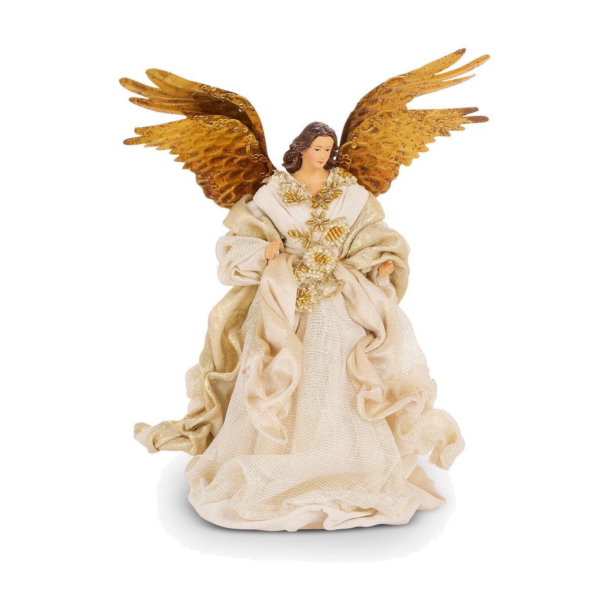 Gold and Ivory Angel Tree Topper, 10 Inch, A resin angel figure tree topper in an ivory gown with gilded, textured gold wings and beaded gold medallions at the bodice.