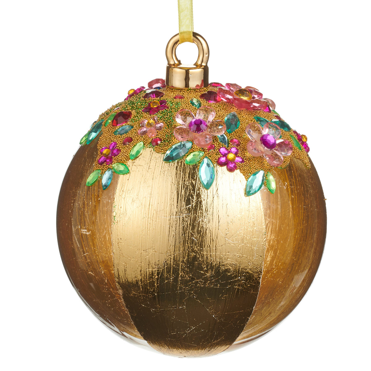 Gold and Jewel Ball Ornament, A gold ball ornament topped with a cluster of faceted jeweled flowers in pink, teal, green and gold.