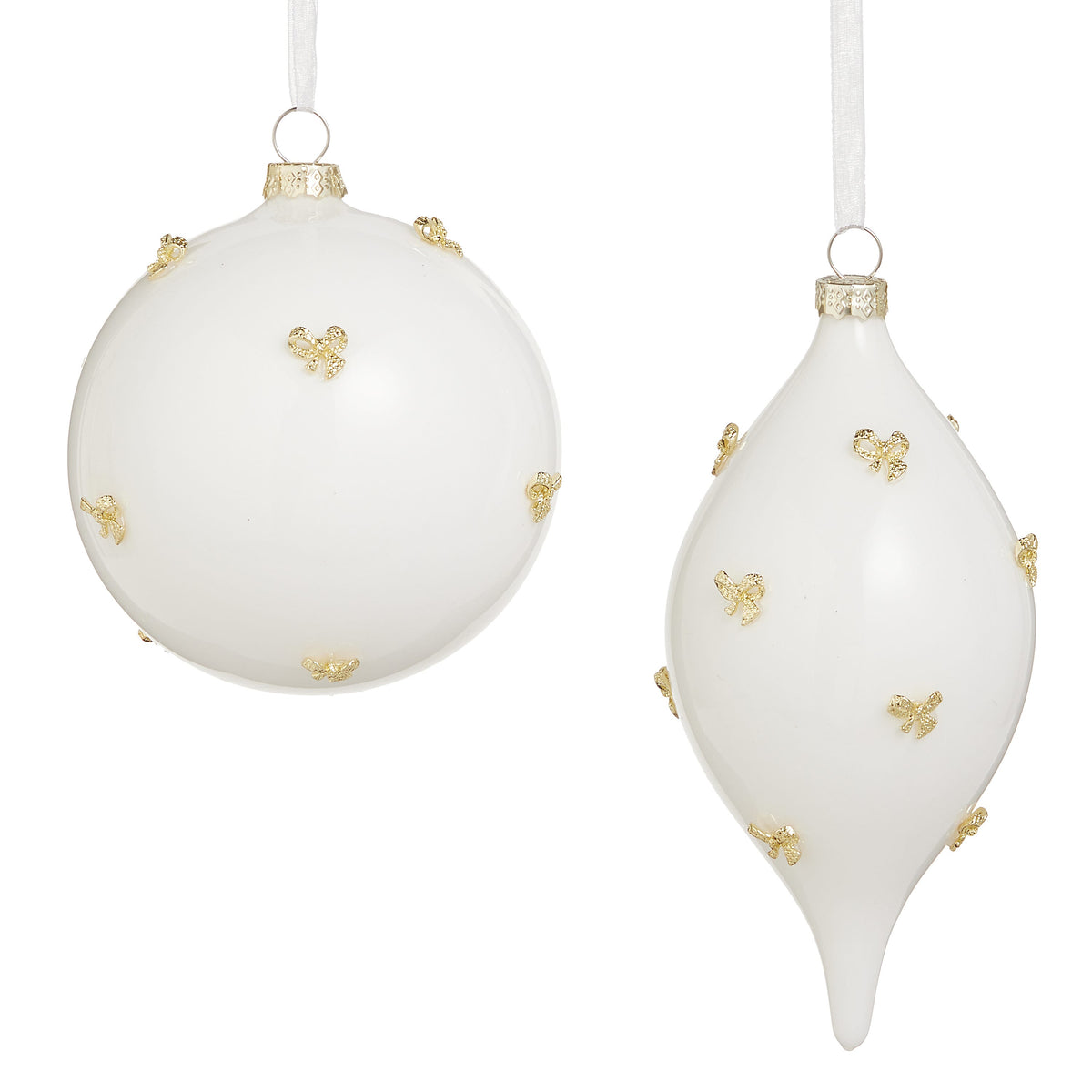 Gold Bow Embellished White Glass Ornament, Two white glass ornaments, a round ball and a tapered teardrop, each dotted with small gold bows and topped with a gold cap.