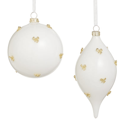 Gold Bow Embellished White Glass Ornament, Two white glass ornaments, a round ball and a tapered teardrop, each dotted with small gold bows and topped with a gold cap.
