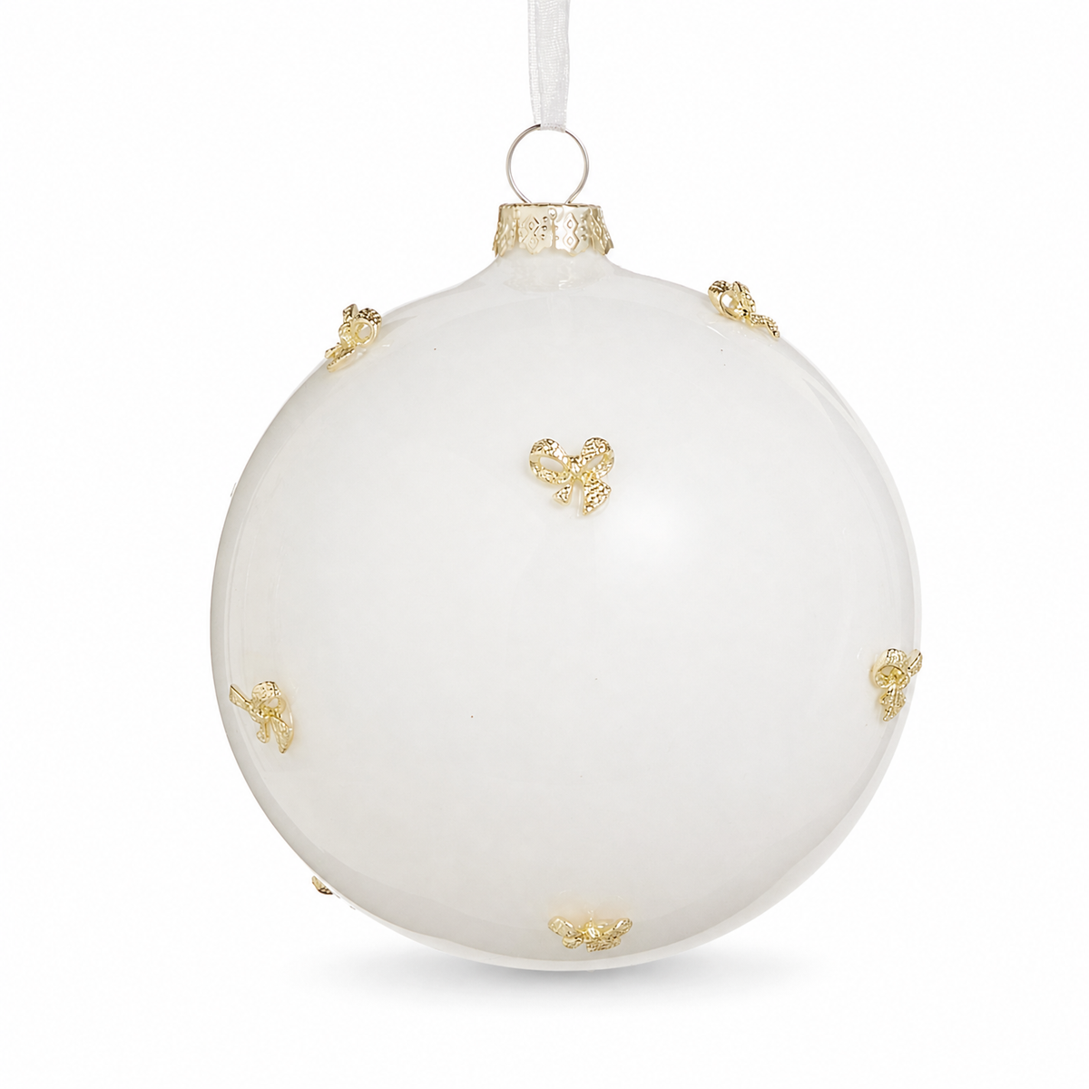 Gold Bow Embellished White Glass Ornament, Ball design