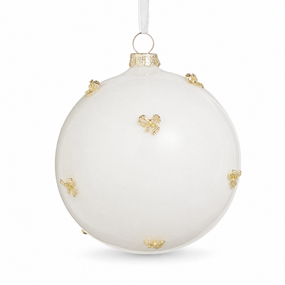 Gold Bow Embellished White Glass Ornament, Ball design