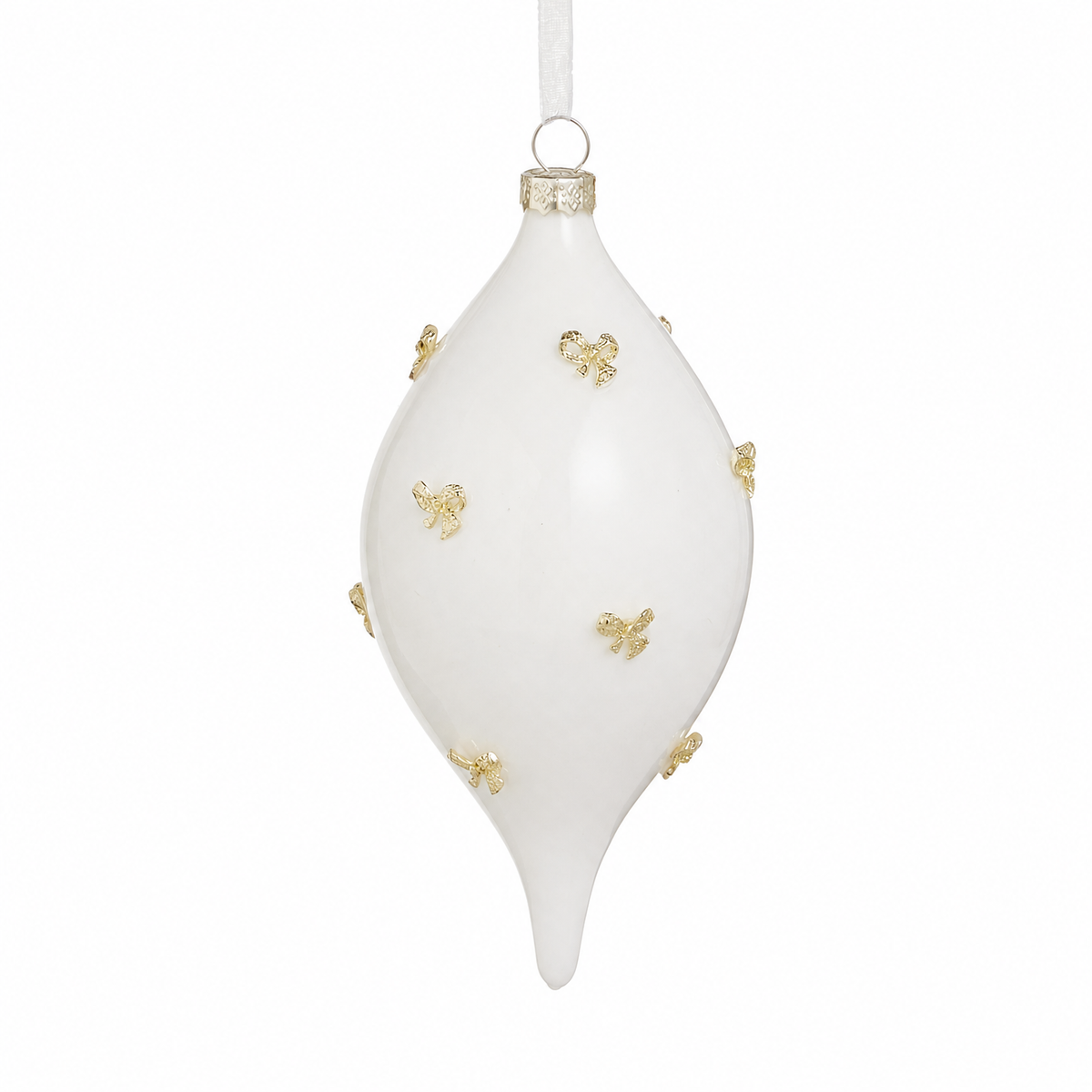Gold Bow Embellished White Glass Ornament, Teardrop design
