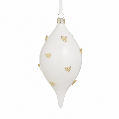 Gold Bow Embellished White Glass Ornament, Teardrop design
