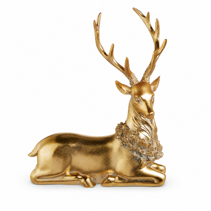 Gold Deer Figurine with Wreath, Lying Deer design: 11 inches long x 6.75 inches wide x 13 inches high