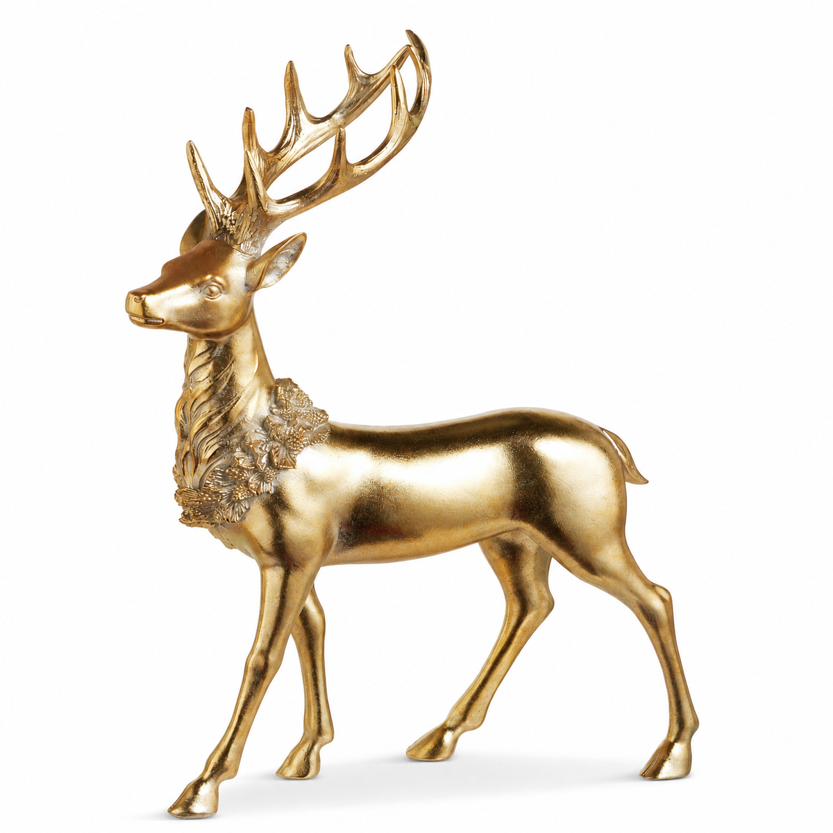 Gold Deer Figurine with Wreath, Standing Deer design: 12.75 inches long x 4 inches wide x 17.75 inches high